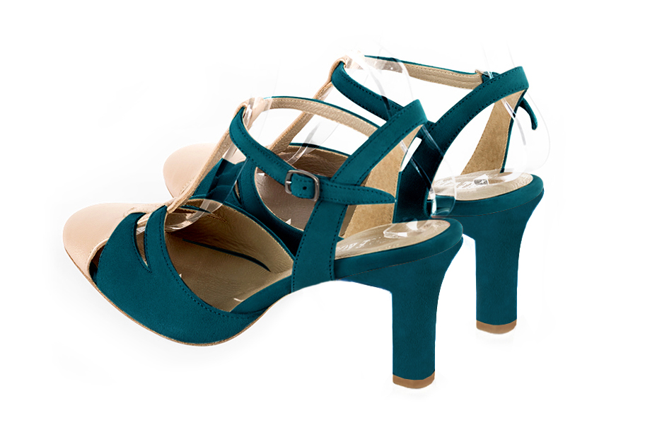 Gold and peacock blue women's open back T-strap shoes. Round toe. High kitten heels. Rear view - Florence KOOIJMAN